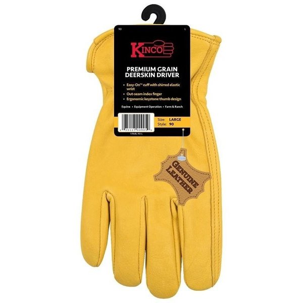 Kinco Driver Gloves, Men's, L, Keystone Thumb, EasyOn Cuff, Deerskin Leather, Gold 90-L